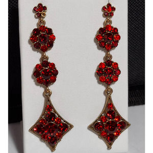 Sparkling Holiday Red Rhinestone Earrings 3" Long Dangle Pierced Gold Tone Drop